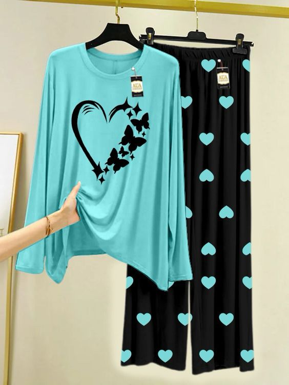 Sky Blue Women Heart Printed Night Wear For Womens With Black Mini Heart Troucer - 04