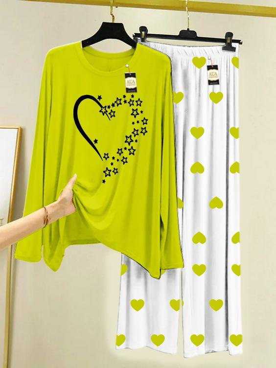 Green Star Butterfly Printed Night Wear For Womens With Mini Heart Trouser - 04