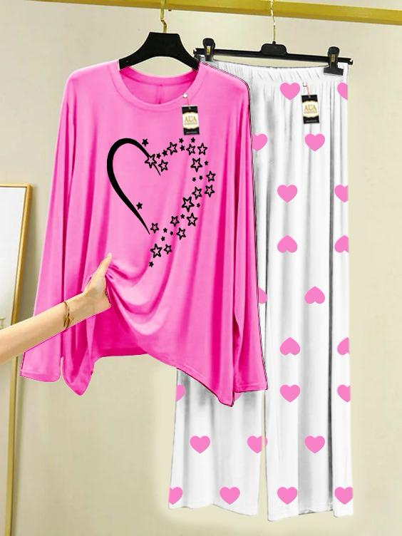 Dark Pink Star Heart Printed Night Wear For Womens With Mini Heart Trouser - 04