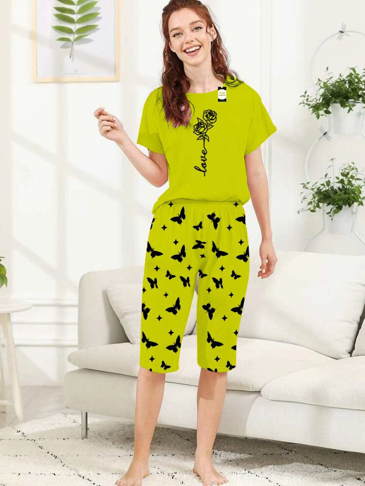 Capri Night Wear Rose Love With Printed Troucer - Green -02