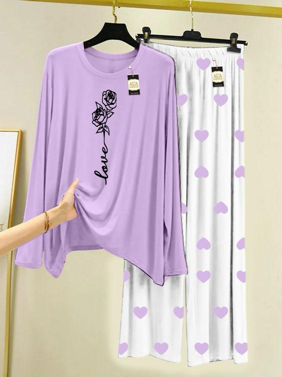 Purple Rose Love Printed Night Wear For Womens With Mini Heart Trouser - 03