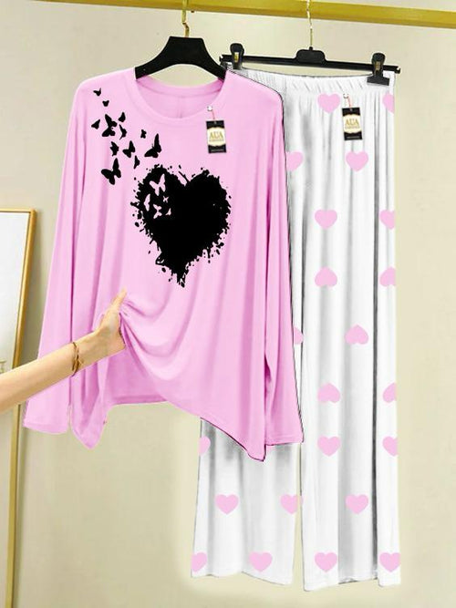Baby Pink Heart Butterfly Printed Night Wear For Womens With Mini Heart Trouser - 03