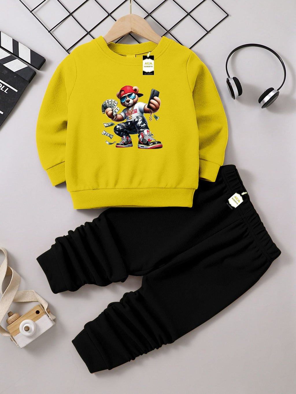 Yellow and Black (Money Bear) Printed Kids Tracksuit for Winter By SH Moon Wear
