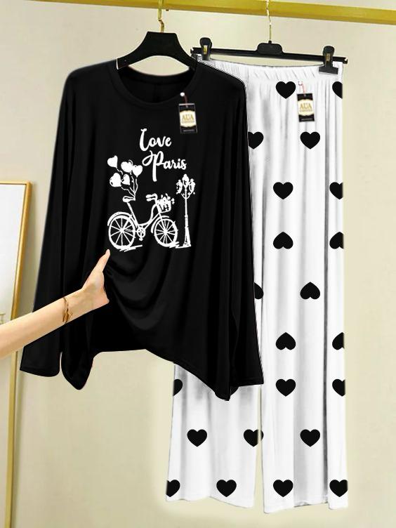 black  Love Pairs Printed Night Wear For Womens With Mini Heart Trouser - 01