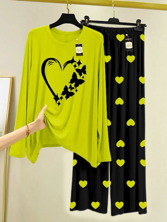 Green Women Heart Printed Night Wear For Womens With Black Mini Heart Trouser - 36
