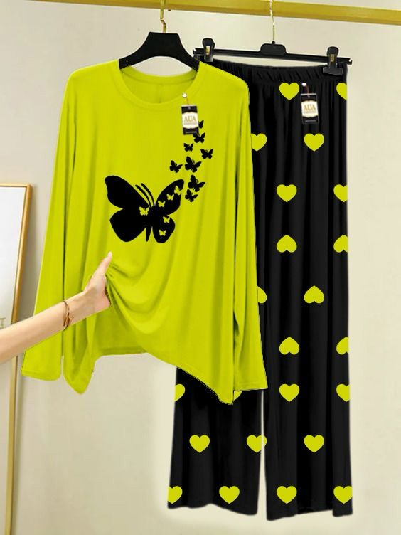 Green Mini ButterflyPrinted Night Wear For Womens With Black Mini Heart Trouser - 35